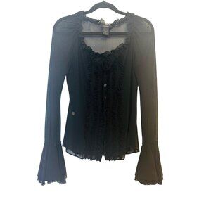 Elegant Small Black Ruffled Blouse With Bell Sleeves Romantic styling